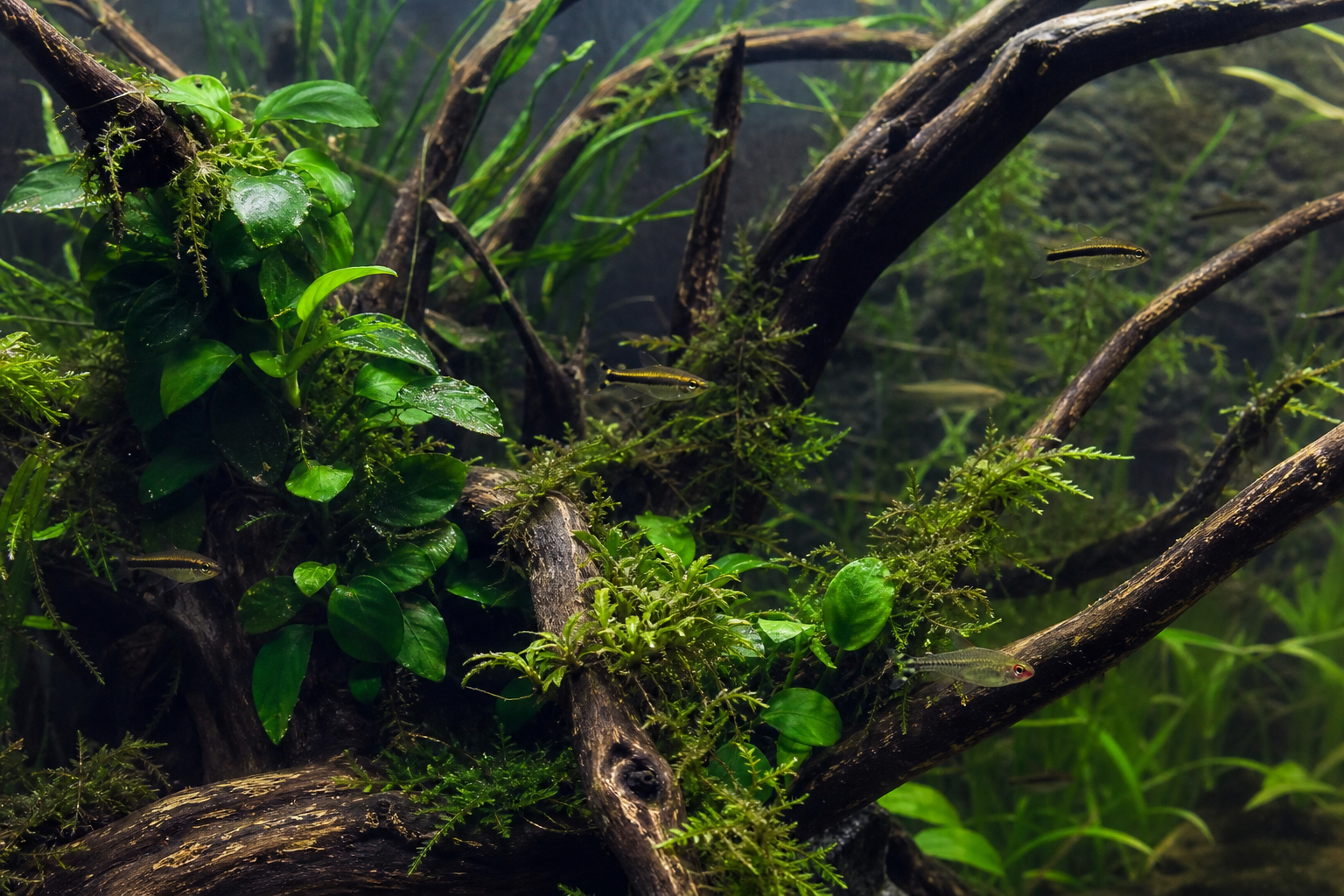 Aquariumhout met planten