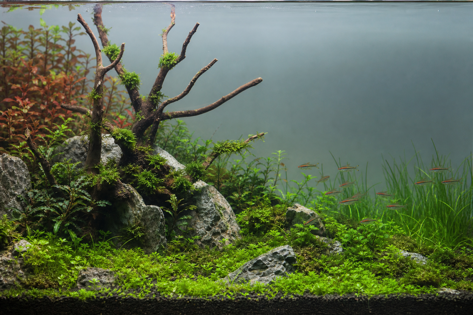 Aquascape met natuurlijke diepte