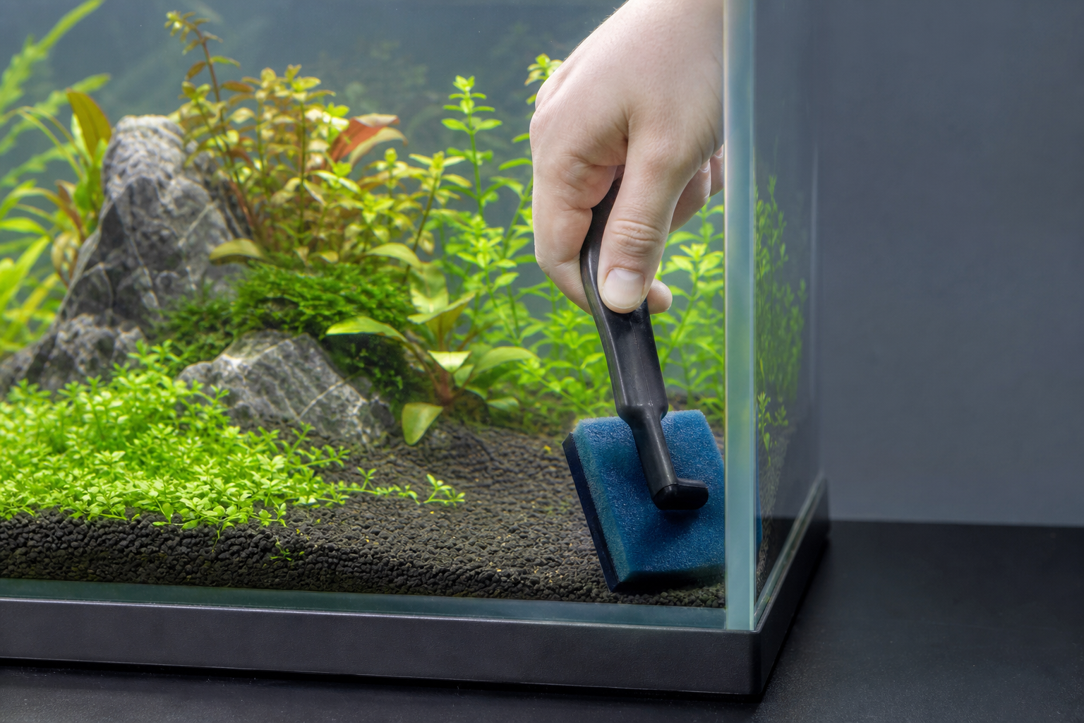 Spons reinigt aquariumhoek