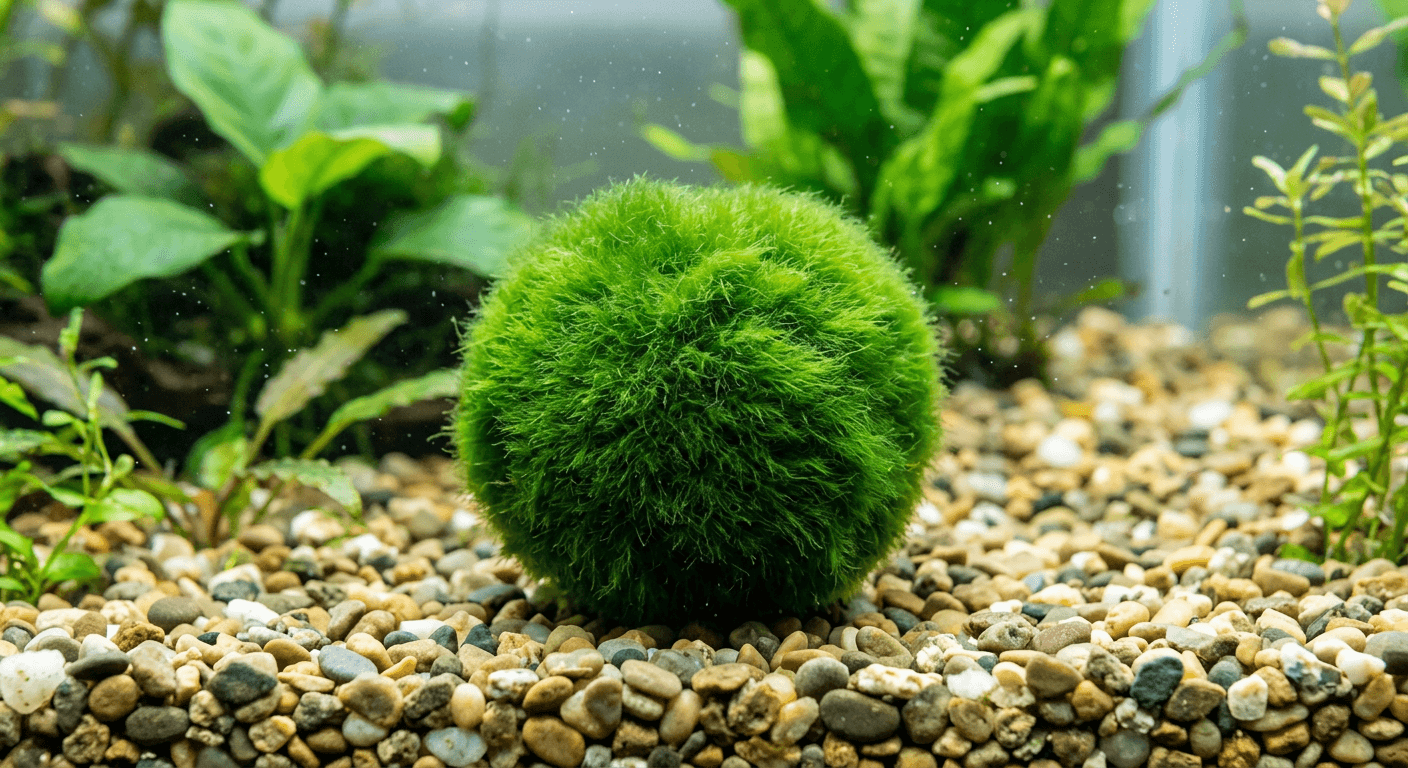 Mosbol (Cladophora aegagropila) in een zoetwater aquarium
