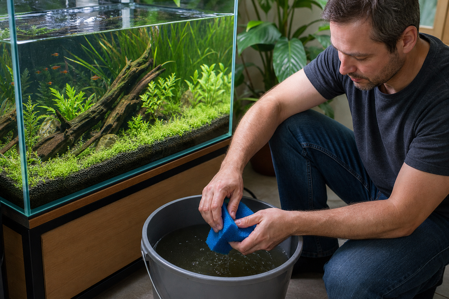Sponzen spoelen aquariumwater