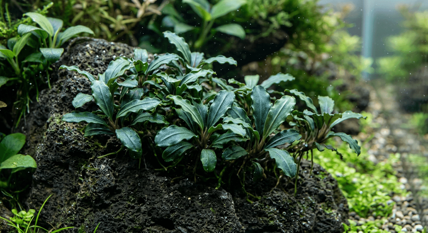 Bucephalandra 'Wavy Green' op steen in aquarium