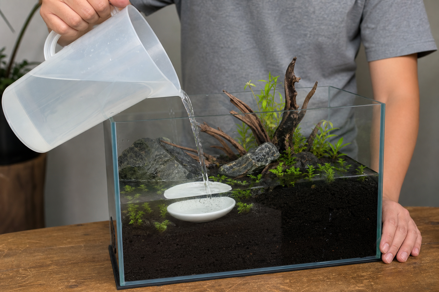 Aquarium voorzichtig met water vullen