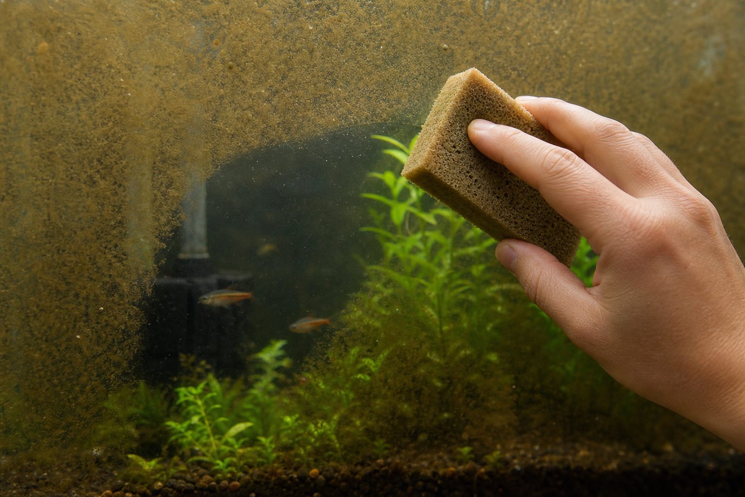 Spons reinigt aquariumruit