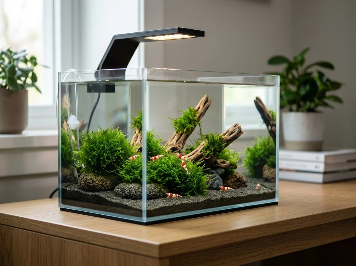 Nano aquarium met cliplamp