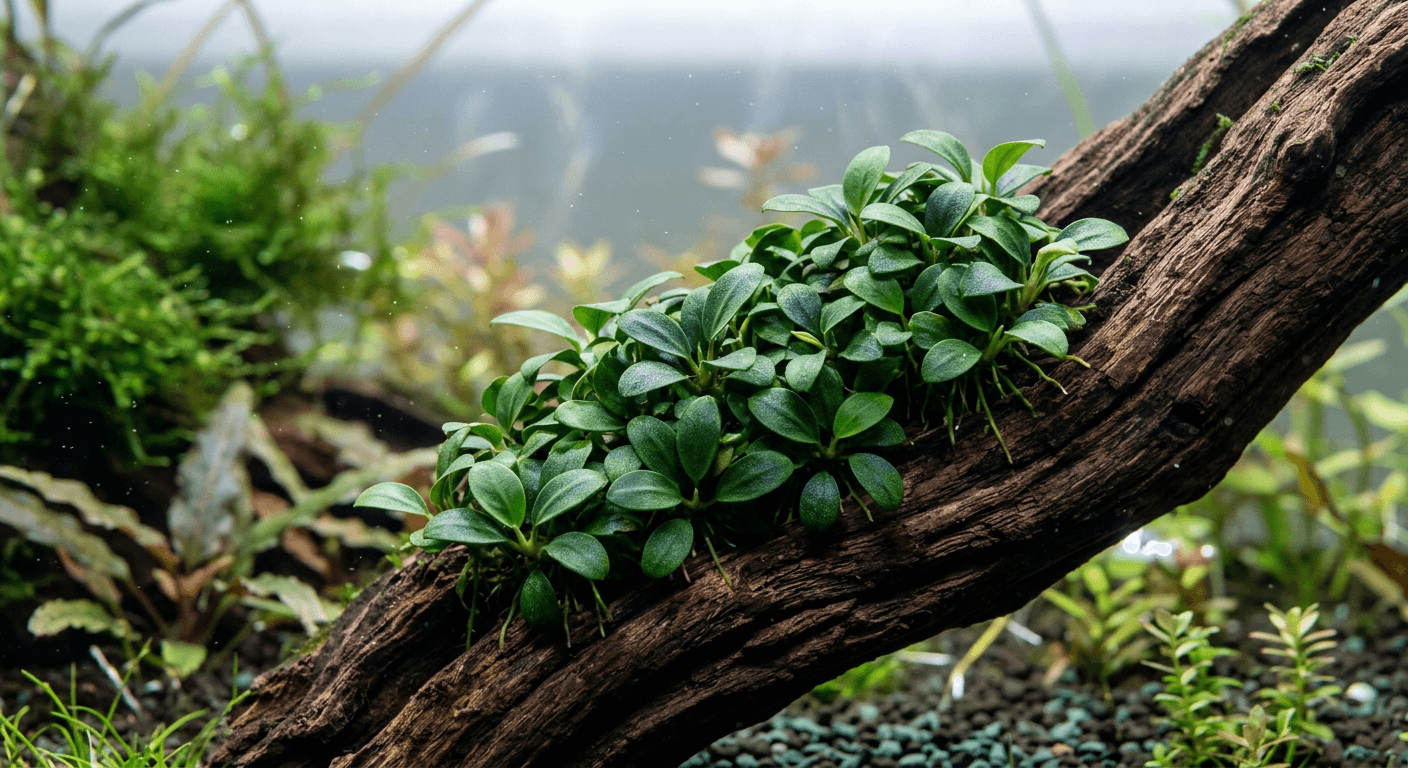 Anubias Nana 'Petite' aquariumplant op drijfhout
