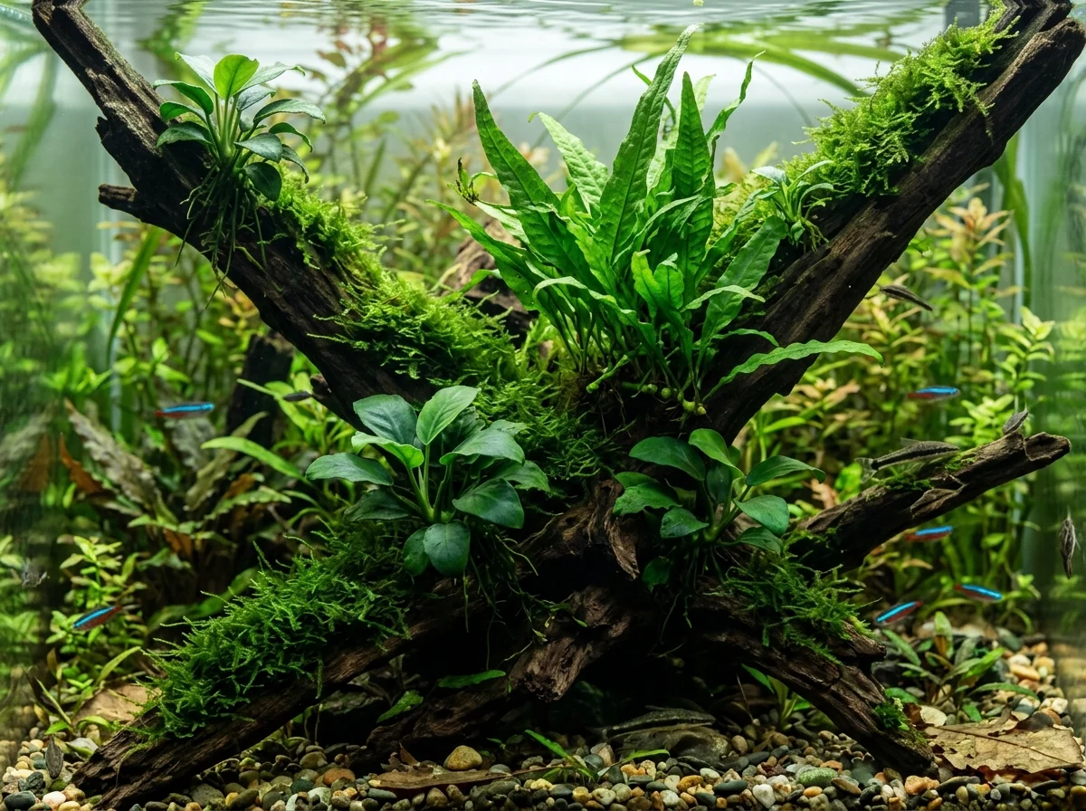 Planten op aquariumhout