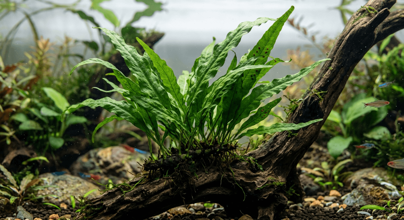 Java Varen (Microsorum pteropus) aquariumplant op drijfhout
