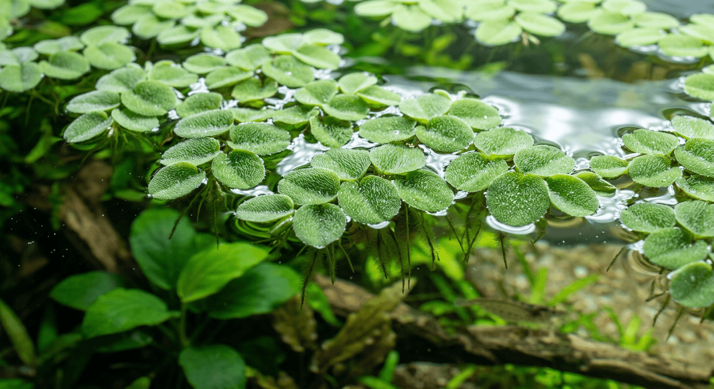 Salvinia natans drijfvaren op wateroppervlak in aquarium
